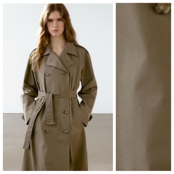 NWT. Massimo Dutti Khaki Olive Green Classic Water-Repellent Trench Coat Size S.